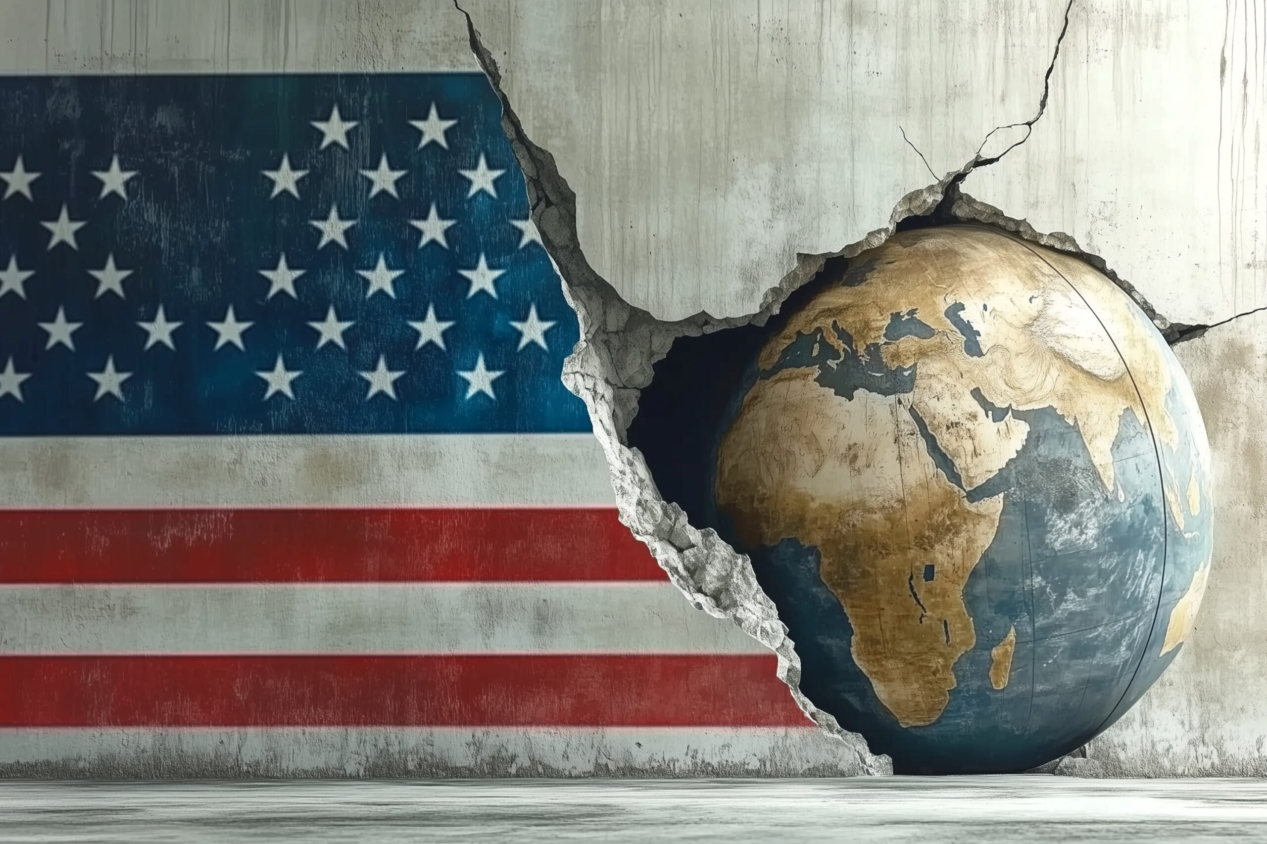 Fractured U.S. flag and globe.