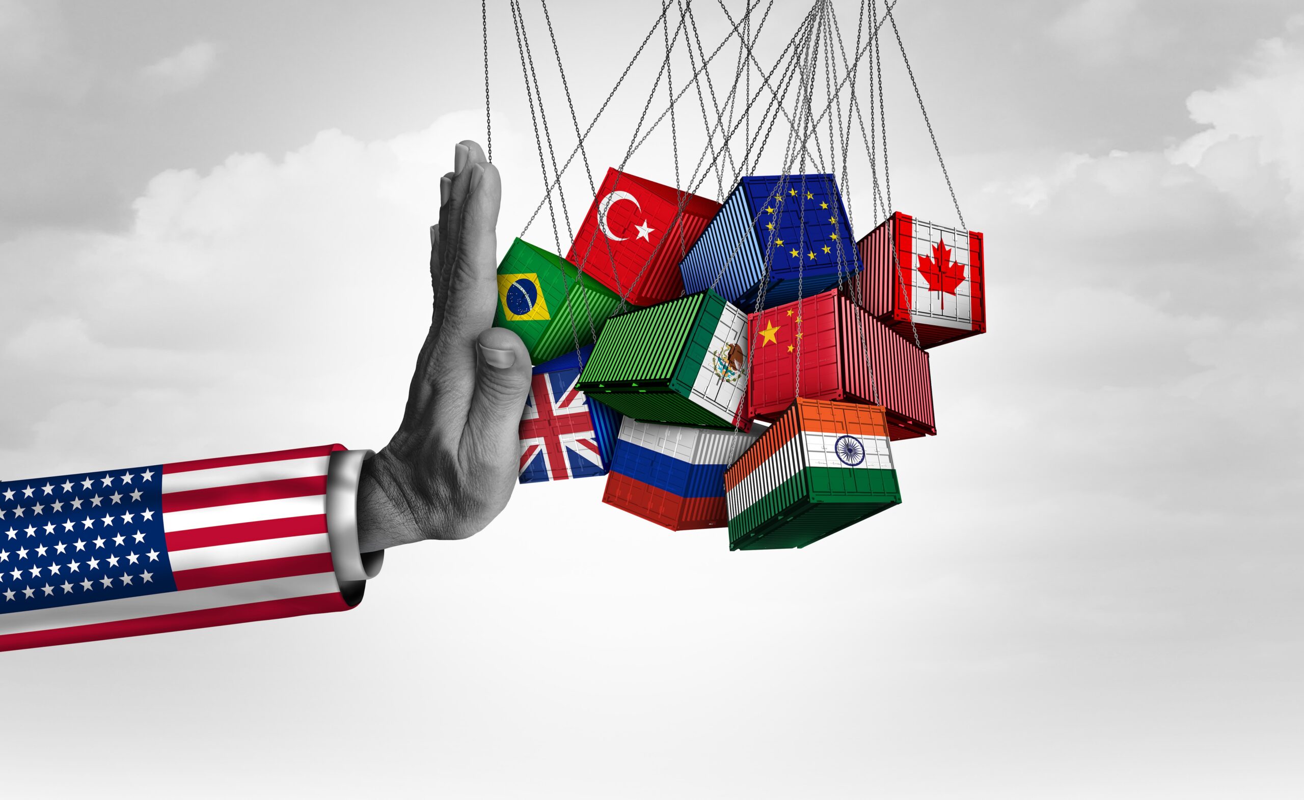 Hand with US flag sleeve stopping shipping containers with flags of EU, Canada, China, UK, etc.