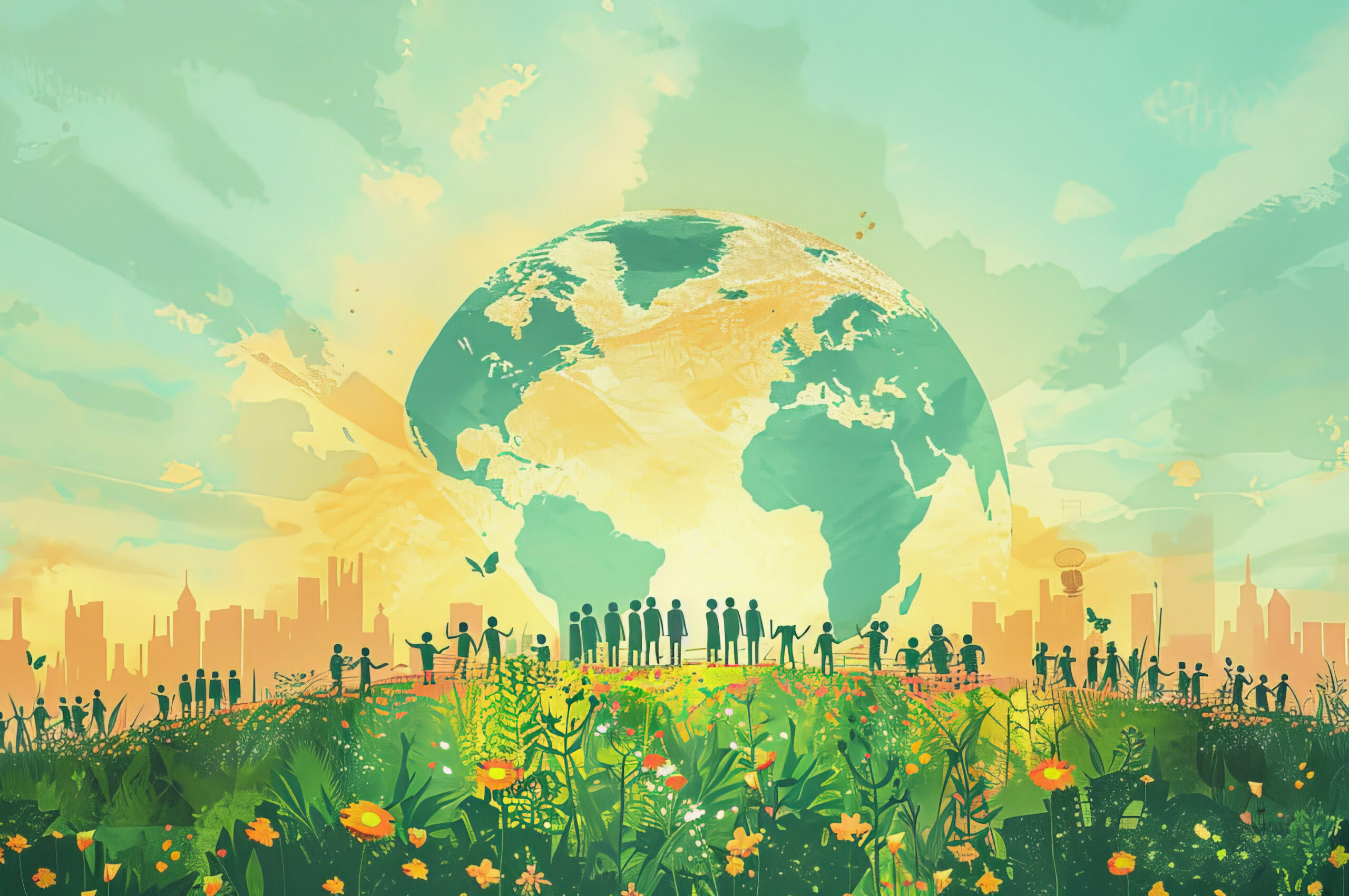 Illustration of diverse people standing on a lush hill with a large globe above