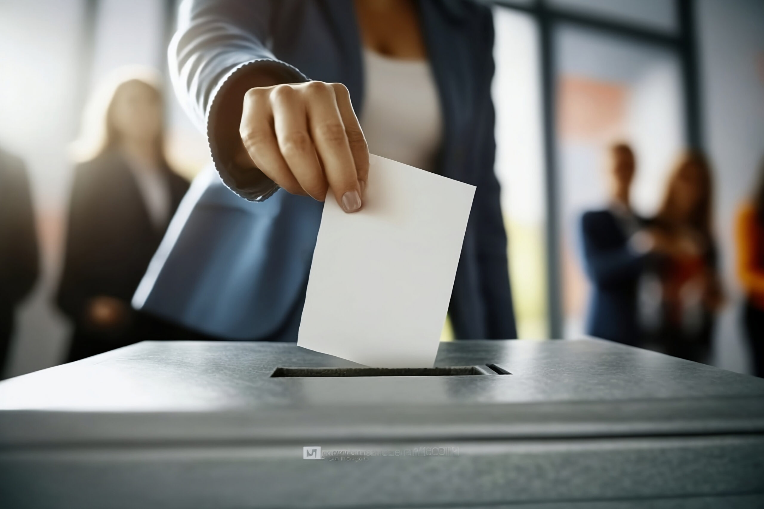 close-up of hand inserting ballot into ballot box