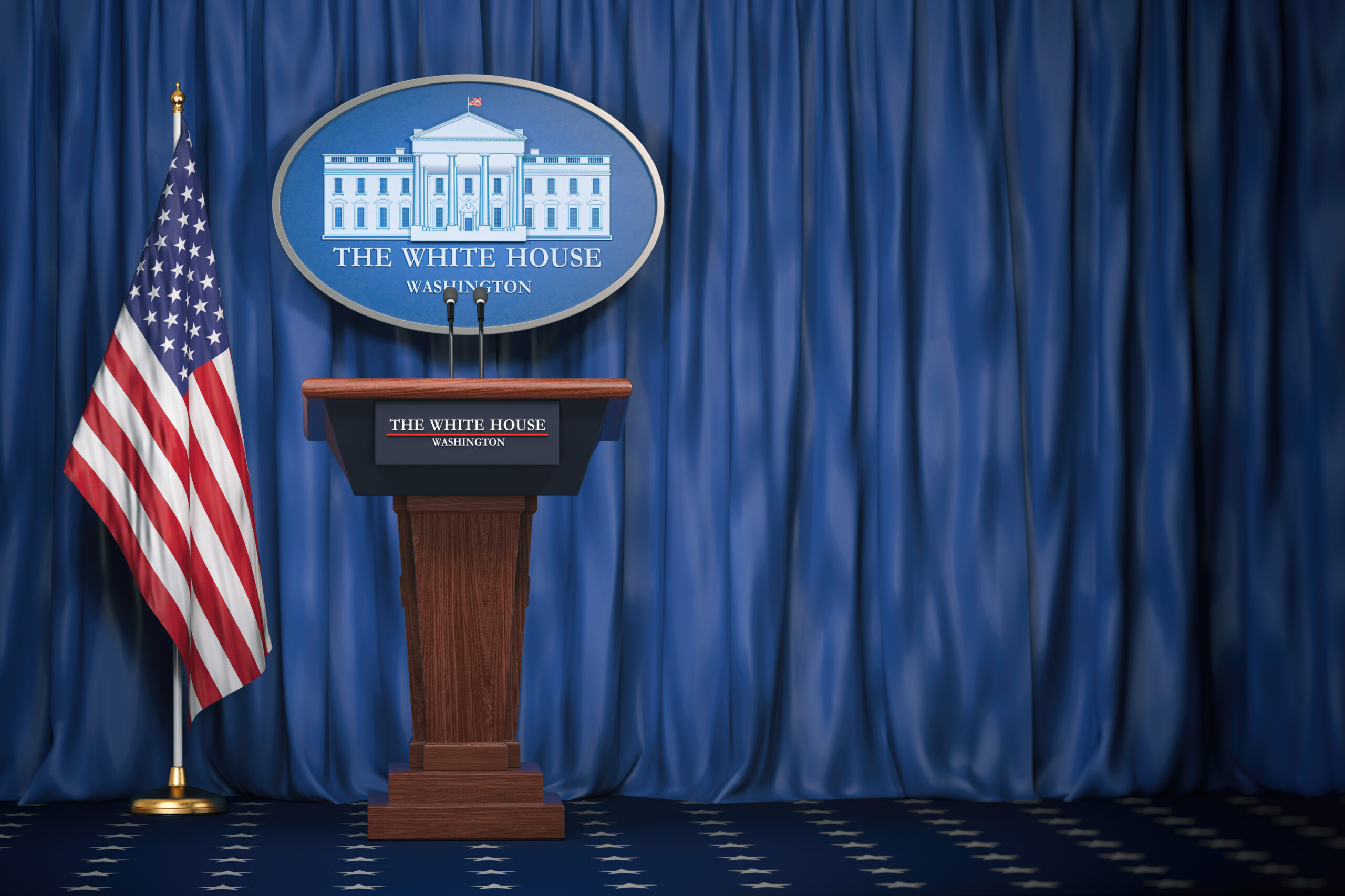 Podium speaker tribune with USA flags and sign of White House