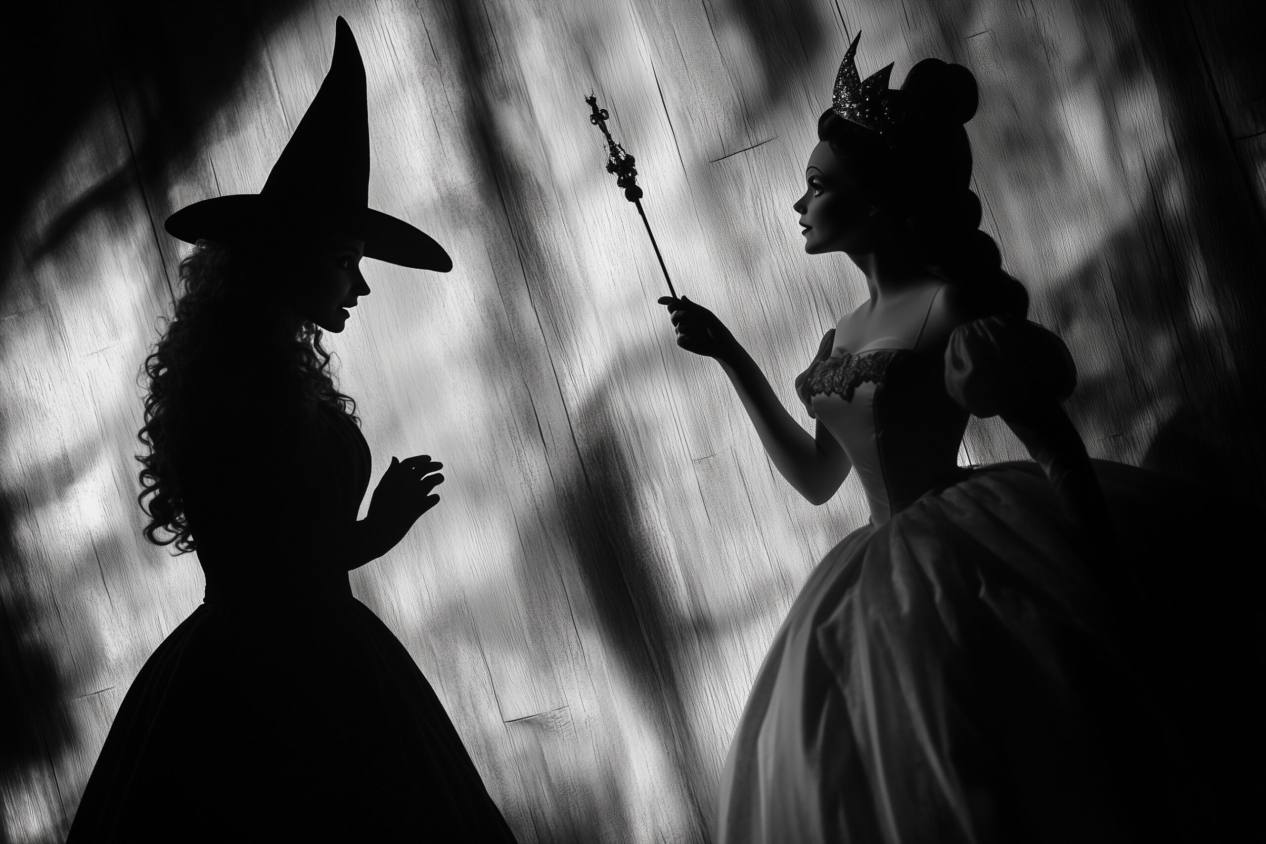Image of "good witch" with wand facing "wicked witch" with pointy hat