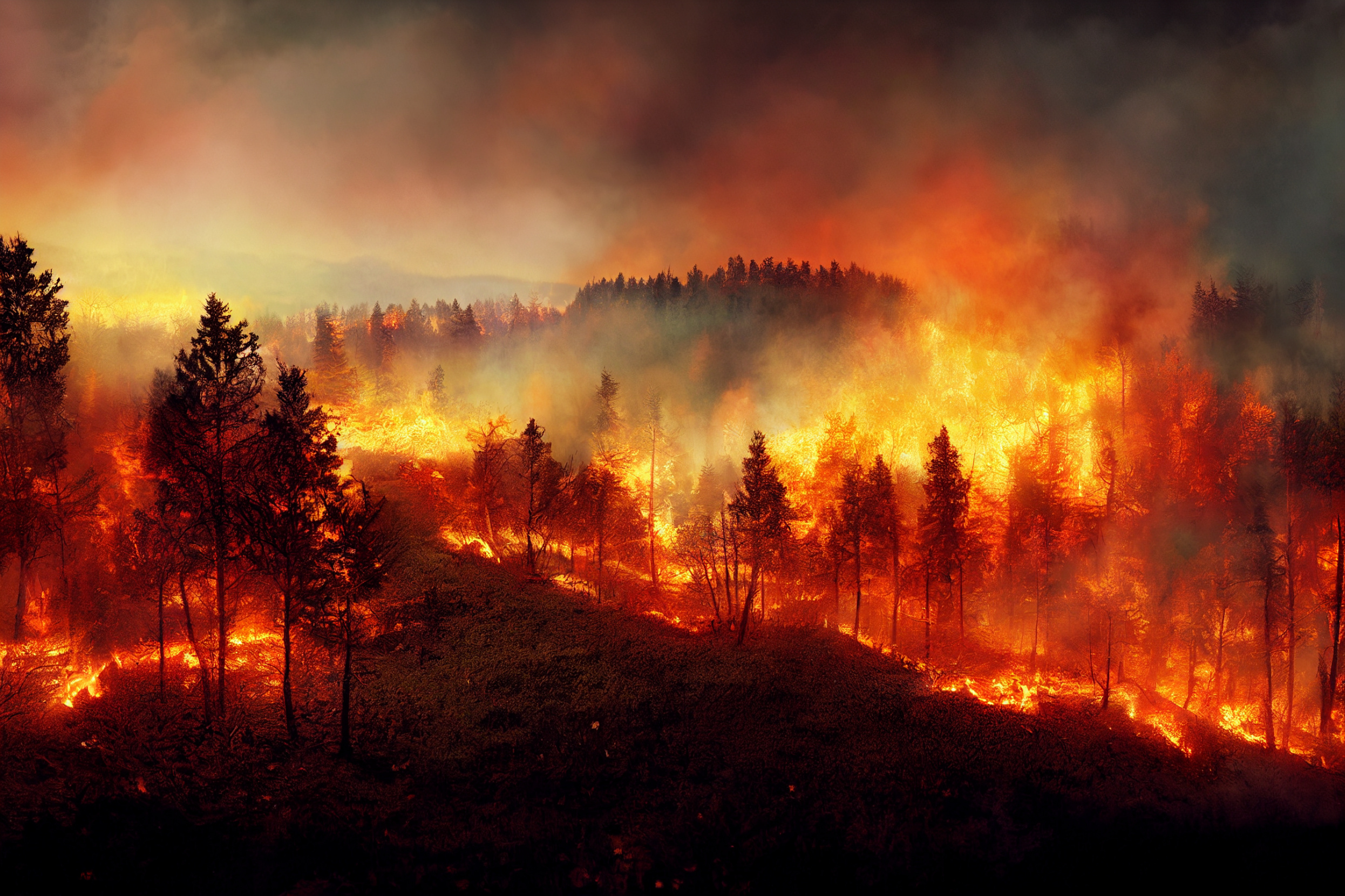 Forest fire disaster illustration (photo-like), trees burning at night