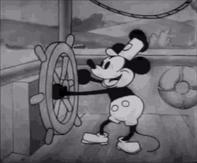 Mickey Mouse Steamboat Willie at the steering wheel (GIF)